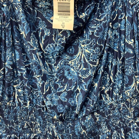 Torrid Challis Tie Straps Romper Dark Blue Floral Smocked Waist Pockets 00/10 - Picture 10 of 13